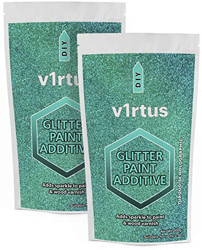 v1rtus 2X Glitter Paint Additive - Turqoise Blue Holographic | Metallic Flakes for Adding Sparkle to Paints & Wood Varnish | Add to Emulsion, Acrylic & Latex for Indoor Sparkly Walls | 100 g (x2)