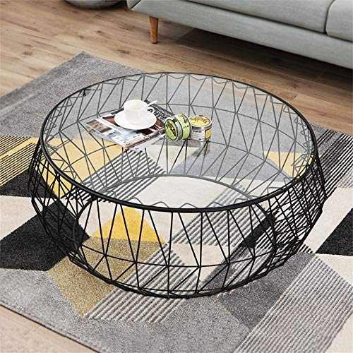 Table Basse Salon Table Basse de Salon Nordique avec décor en Fer forgé, comptoir Rond en Verre trempé Transparent, 90 x 90 x 38 cm