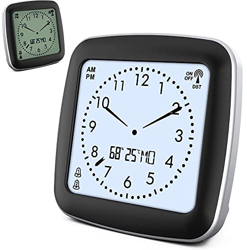 FISHTEC Digitaler Funkwecker, kein Tic Tac, geräuschlos (ohne Zeiger), Temperatur-/Tages-/Luftfeuchtigkeitsanzeige, 7 Sprachen, 2 Alarme, Hintergrundbeleuchtung, kompakt, 9 cm