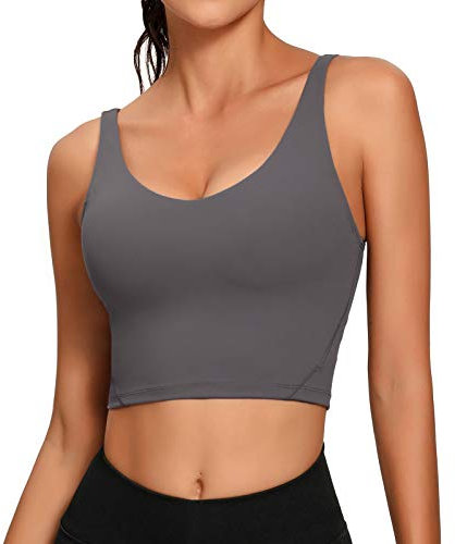 Lemedy Damen Sport-Bustier, langes, bauchfreies Tank-Top, gepolstert, Workout, Laufen, Yoga - Grau - Medium