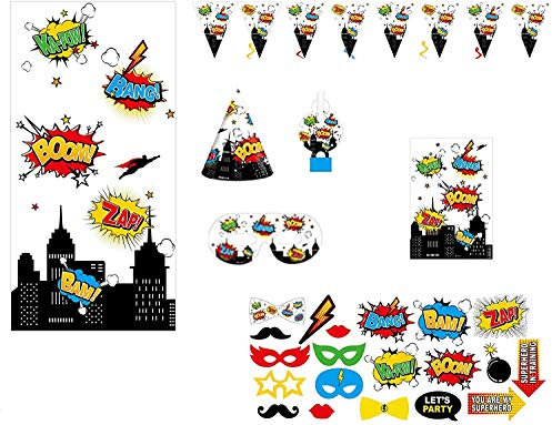 Serves 30 Complete Party Pack Super Hero Thema Geburtstag Party Hüte Augenmasken Blowouts Treat Bags 20 DIY Photoprops 14 Swirls 2 Pennant Banner Hintergrund Ideal for Superhero Theme Birthday party
