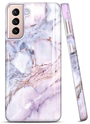 JAHOLAN Galaxy S21 Case Bling Glitter Sparkle Marble Design Clear Bumper Glossy TPU Soft Rubber Silicone Cover Phone Case for Samsung Galaxy S21 5G 6.2 inch - Purple Pink