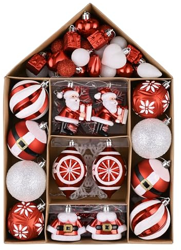 Valery Madelyn Weihnachtsbaumschmuck, 70 Karat rot und weiß, bruchsicher, Weihnachtskugel-Ornamente, traditionelles rotes und silberfarbenes dekoratives Baumschmuck, Großpackung für Weihnachten,