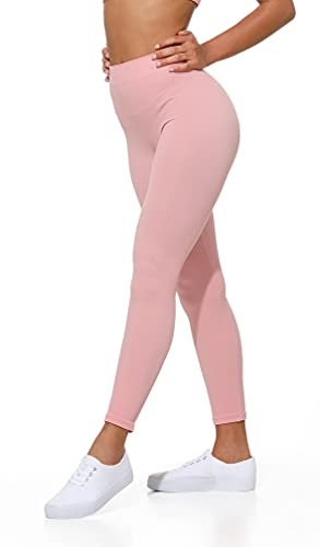 Yenita Leggings für Damen Ribbed Collection, Fitnesshose mit hohem Bund, Rosa, Gr. M-L