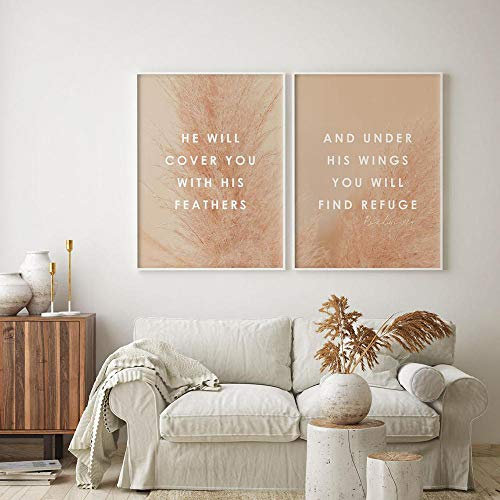 Bibel Vers Psalm 91:4 Poster Leinwand Kunstdrucke Pampass Gras Schrift Christliche Zitate 2 Stück Leinwand Malerei Wandkunst Wohnkultur 20X28X2Pcs Kein Rahmen