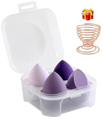 4 Pcs Makeup Sponges Blender Set - Makeup Sponges For Foundation Blender with Egg Case and 1 Holder, Flawless for Cream, Powder and Liquid (4PCS,Purple)
