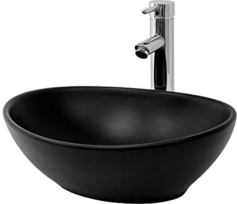 ML-Design Waschbecken aus Keramik in Schwarz Matt 41x33,5x14,5cm, Ovale Aufsatzwaschbecken, Moderne Waschtisch, Waschschale mit Abflussloch, Waschplatz Handwaschbecken, für das Badezimmer und Gäste-WC