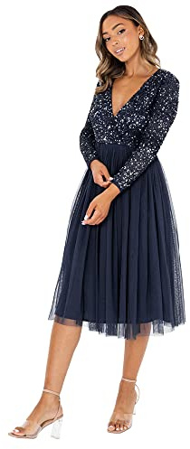 Maya Deluxe Womens Ladies Wedding Guest Midi Dress Long Sleeve Plunging Neckline V Neck Sequin Embellished Prom Graduation Bride Navy Size 26