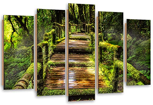 Feeby Wanddeko 5 teile 150x100 cm Holzbrücke Treppe Dschungel Bilder modern Wand Bild Kunstdruck Deko Überwachsen Bäume Farn Pflanzen Grün