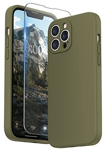 SURPHY Compatible with iPhone 13 Pro Max Case with Screen Protector, Liquid Silicone Protection for Each Lens Shockproof Thickened Rubber Cover for iPhone 13 Pro Max 6.7 inch 2021, Khaki Green