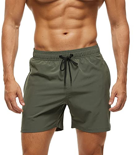 Aisprts Badehose Herren mit Reißverschlusstasche Schnelltrocknend Wasserabweisend Badehosen Männer Badeshorts Herren Atmungsaktiv Mit Tunnelzug Meshfutter (A7 Armeegrün,L)