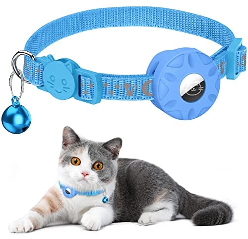 Airtag Katzenhalsband, Integriertes Katzenhalsband Airtag mit AirTag Halter und Glocke,Reflektierendes Katzenhalsband mit abbrechbarer Sicherheitsschnalle für Kätzchen Welpen (blau)