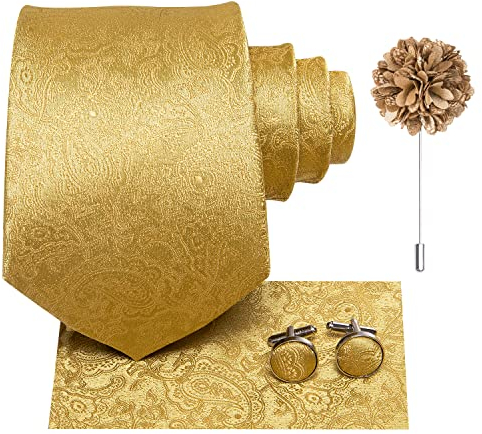 Hi-Tie Seidenkrawatte und Einstecktuch, Manschettenknöpfe, Reversnadel-Set, Jacquard, Hochzeit, Business, Krawatte für formelle Anlässe, Gold A, M