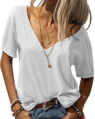 Tankaneo Damen Mode tief V-Ausschnitt Kurze Ärmel Tops Solide Lässig Lose Basic T Shirt Weiß M