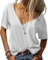 Tankaneo Damen Mode tief V-Ausschnitt Kurze Ärmel Tops Solide Lässig Lose Basic T Shirt Weiß M