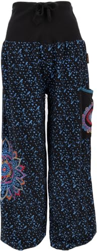 GURU SHOP Weite Pluderhose mit Breitem Bund, Mandalastickerei - Schwarz/blau, Damen, Size:L/XL