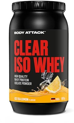Body Attack Sports Nutrition CLEAR ISO WHEY ICE TEA LEMON 900g - Made in Germany - erfrischendes, klares Whey-Protein-Isolat, 24g Protein & 11.400 mg EAAs* pro Shake, zucker- & fettfrei