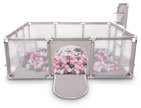 Selonis Laufstall Baby Großer Spielplatz Mit 200 Bälle Bälle Laufgitter Für Kinder, Grau: Weiß/Grau/Puderrosa