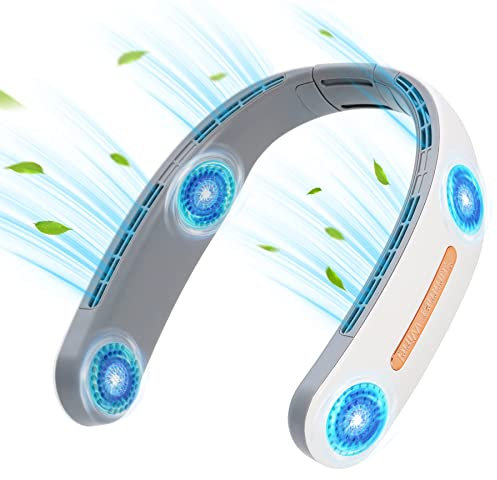 HurLuksi Portable Neck Fan, 4 Turbo Powerful Wearable Fan Rechargeable Personal Fan, Bladeless Cooling Necklance Fan with 3 Speed Adjustable for Home, Office and Outdoor Travel (white)
