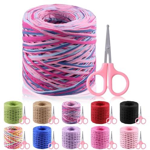 Glarks Juego de cinta de rafia de 200 m con tijeras, cinta de papel de rafia de colores, cuerda de rafia natural, cinta de embalaje de papel kraft para envolver regalos, suministros de manualidades