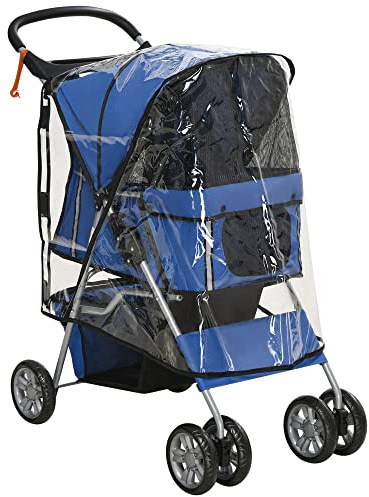 PawHut Dog Stroller with Rain Cover for Small Miniature Dogs, Folding Pet Pram with Cup Holder, Storage Basket, Reflective Strips, Blue