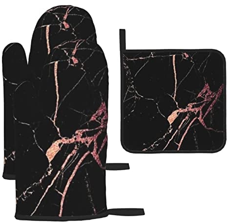 Black Rose Gold Marble 3-Piece Oven Mitt And Pan Rack Set, Heat Resistant And Sturdy, Suitable For Kitchen, Cooking, Baking, Roasting And More.