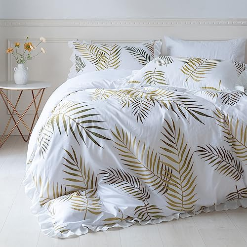 Nyescasa Bettwäsche 135x200 Weiß Gold Blätter Muster mit Rüschen 2 Teilig Mädchen Elegant Botanisch Mikrofaser Bettbezug mit Reißverschluss und Kissenbezug 80x80 cm