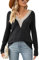 Flikity Women's Long Sleeve V Neck Knitted Tunic Blouse - Lace Top Pullover Sweater - Lightweight Jumper Sweatshirt - Black M