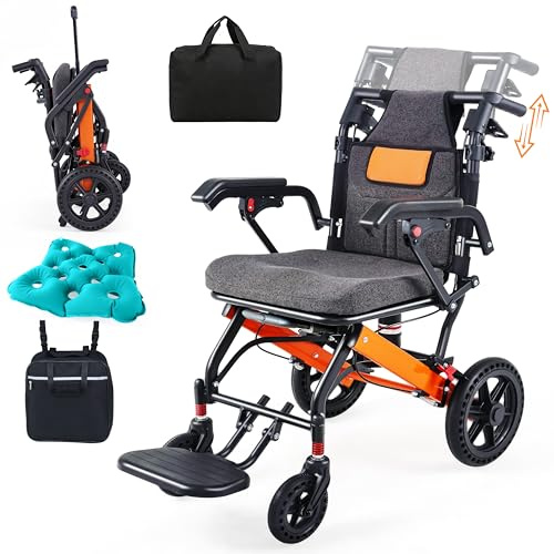 Super Lightweight Transport Wheelchair, Upgraded Adjustable Backrest Lightweight Wheelchair, Foldable Wheelchairs with Telescopic Handle, Backpacks,Travel Bags, Inflatable Seat Cushions