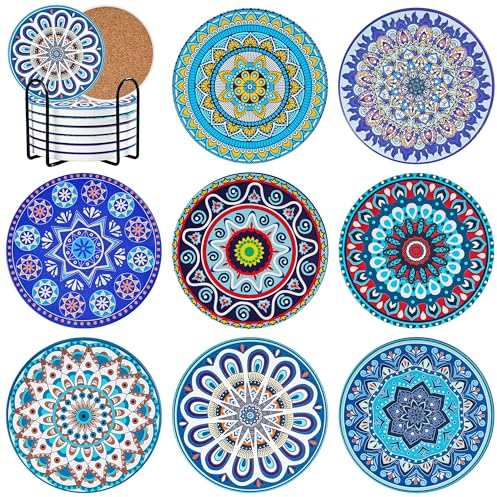 BOENFU Mandala Keramik 10cm Untersetzer mit Halter 8er Set Kork Untersetzer für Getränke, Tassen, Bar, Vasen, Kerzen, Küche Wohnzimmer Dekoratio