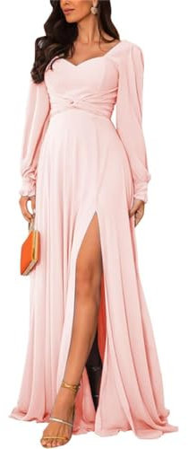 Abiti da damigella d'onore a maniche lunghe con fessura lunga una linea in chiffon formale da sera damigella d'onore abiti da festa, Rosa cipria, 44