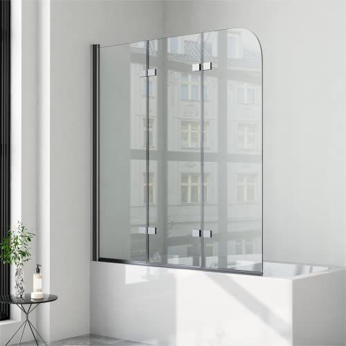 Duschwand für Badewanne 3 teilig faltbar 140x140 cm 6mm NANO Sicherheitsglas (ESG) Faltwand Badewannenaufsatz Badewannenfaltwand Duschabtrennung für Badewanne, Schwarz