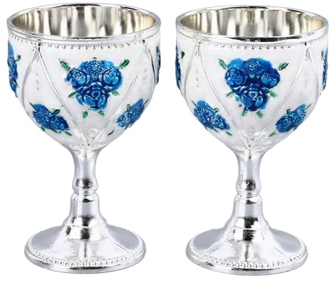 Vintage Luxurious Embossed Metal Wine Cups, 2pcs Retro Decorative Goblets with Versatile Decoration, Delicate Present for Coffee Tea or Wine (Silver White Blue Flower)