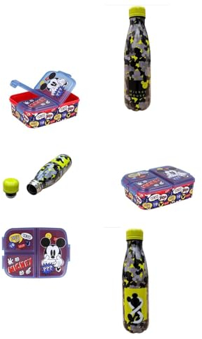 PELLECCHIA 1969 | Set Pranzo Scuola 2 Pezzi | Porta Merenda Scuola con 3 scomparti in Plastica BPA Free e Bottiglia termica in acciaio inossidabile con tappo svitabile 500ml (TOPOLINO MIMETICA)