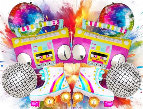 90er Jahre Party-Deko Set mit Folienballon in Form eines Kassettenrekorders, bunten Luftballons und Neon-Deko, Rollschuhe, Disokugel Deko Geburtstag retro neu 80er 90s Party feier