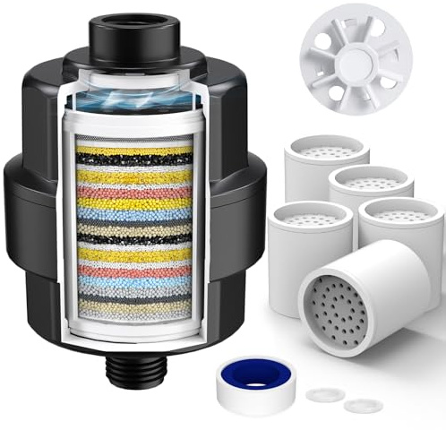 SR SUN RISE 20-Stage Shower Head Filter - Hard Water Filter with 5 Replaceable Cartridges, Removes Chlorine, Fluoride, Heavy Metals & Sediments