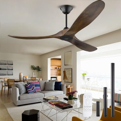 XSGDMN Ventilador de techo con mando a distancia, silencioso, hojas de madera natural, Ventilador de techo para terrazas exteriores sin lámpara, Verano Invierno Función (52 pulgadas, 132cm)