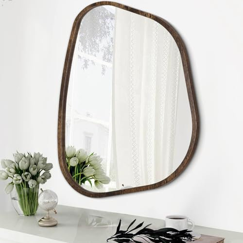 HLFMVWE Asymmetrical Mirror Irregular Oval Wall Mirror Modern Wood Frame Unique Shape Wall Mounted Vanity Artistic Decorative for Living Room Bedroom Bathroom Entryway Hallway 35 x 25CM