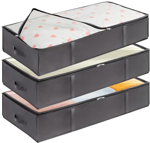 Lifewit 3 Pack 95L Under Bed Storage, Underbed Storage Boxes with lid Clothes Storage Bag Wardrobe Storage Organiser with Reinforced Handle, PVC Window for Duvet, Blanket, Clothing, Shoes, Grey