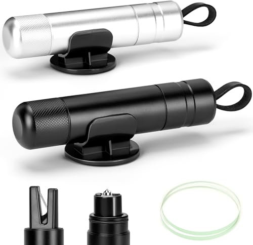 NINEMAX 2 In 1 Cortador Cinturon De Seguridad Martillo Luna Coche con Soporte Fijo,2pcs Romper Cristal Coche y Cinturon con Vidrio De Prueba,Herramienta De Autorrescate