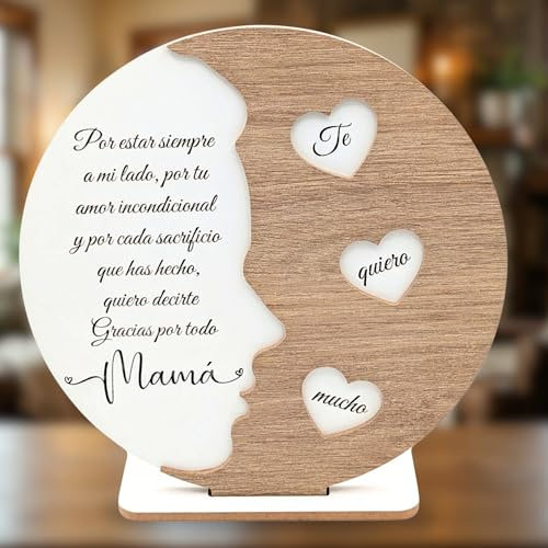 Regalo Personalizado Día de la Madre - NIRALIS - Placa circular madera blanca roble grabado láser texto personalizable dedicatoria trasera para mamá cumpleaños decoración soporte - 20 cm