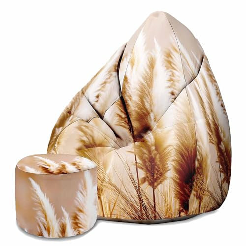 DreamRoots Sitzsack Erwachsene mit Füllung 80x80x120cm - Bean Bag Chair - Sitzsäcke mit Lehne und Hocker und Bezug - Sitzsack Sessel - Chill Sessel Velvet Pampas Grass