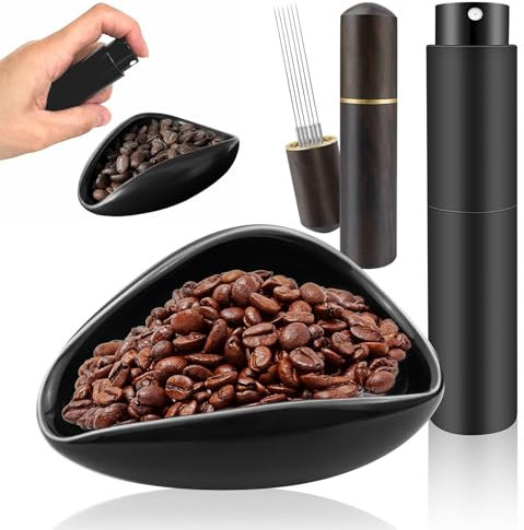 BITEFU Juego de 3 vasos dosificadores de granos de café, color negro, juego de herramientas, incluye herramienta Wdt de madera, taza de café y botella de spray RDT para café, té y regalos