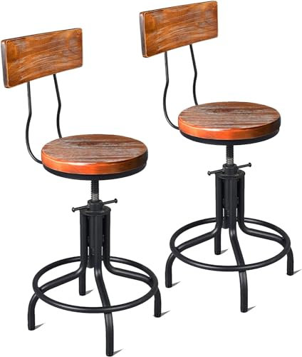 Juego de 2 taburetes de bar industriales de estilo rústico de granja, sillas de isla de cocina de altura ajustable con respaldo, taburetes giratorios vintage de madera rústica para cafetería (marrón)