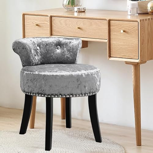 Warmiehomy Dressing Table Stool Velvet Makeup Vanity Desk Chair Stool for Bedroom Dressing Table with Low Back, Solid Wooden Legs, Silver Grey