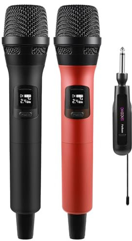 FerBuee Microfono Wireless Dual con Ricevitore e Anello Antiscivolo,100 ft. Microphone per Karaoke, Riunione, DJ, Matrimonio, Festa, Chiesa (Nero & Rosso)