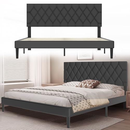 Suusolny Polsterbett Bettgestell mit Kopfteil aus Leder und Lattenrost Einzelbett Doppelbett Einfache Montage mit Installationstools Bettrahmen Bis 300KG Schwarz 160 x 200 cm