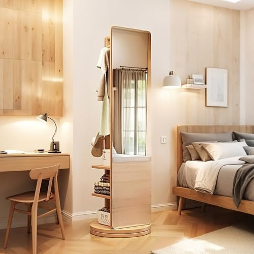 RED AS FIRE Drehbar Ganzkörper Massivholz Spiegel mit Kleiderablage & 3-lagiges Lagerregal, Moderner großer freistehender Standspiegel mit 360° schwenkbarer Sockel für Schlafzimmer/Wohnzimmer