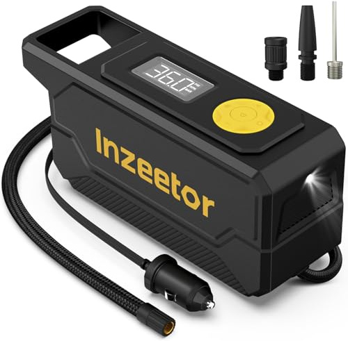 Inzeetor 150 PSI Tire Inflator Portable Air Compressor, 12V DC Auto Shutoff Air Pump with Digital Pressure Gauge and Emergency LED Light for Car Tires, Bicycle & Balloons, Black
