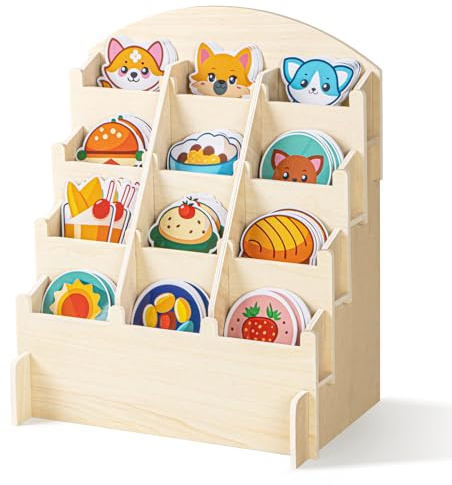 PUERSI Mehrstöckige Sticker-Aufstellwand aus Holz, 4-Etagen Aufsteller-Organizer für Lesezeichen, Broschüren, Coaster, Verkaufsstände und Einzelhandel, Beige